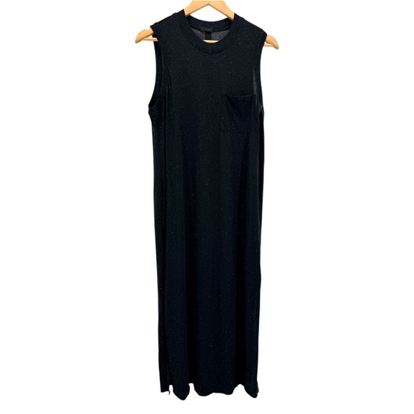 ATM Black Speckled Muscle Tee Maxi Dress Side Slits Pocket Casual Relaxed Travel - Picture 5 of 10